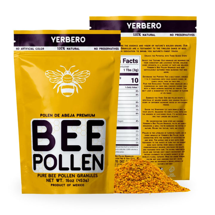 Yerbero - Premium Bee Pollen Granules 16oz (1 LB) (456g) Bag | 100% Natural Pure Wild Raw Sweet Aromatic Rich Flavor | Polen de Abeja 100% Natural.