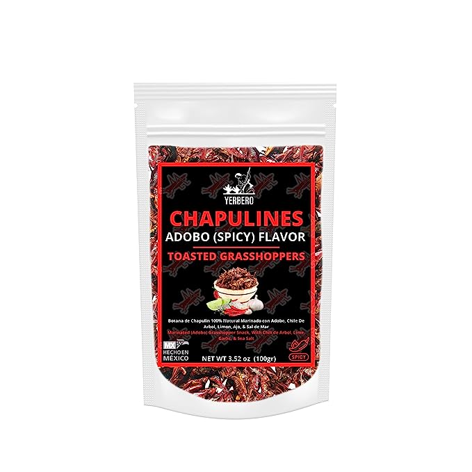 Yerbero - Fresh Chapulines Sabor Adobado From Oaxaca 3.5oz (100gr) | All Natural Spicy Toasted Grasshoppers With Lime,