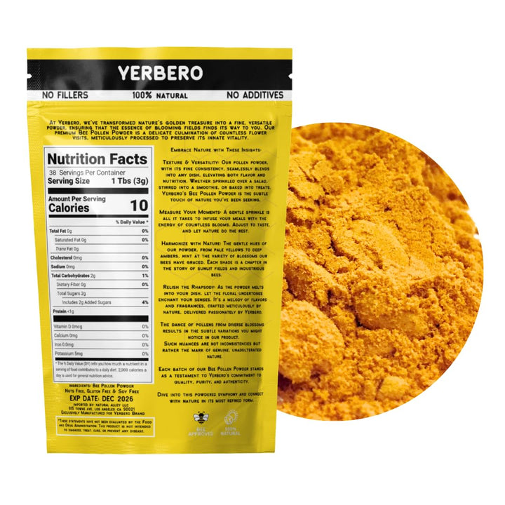 Yerbero - Premium Bee Pollen Powder 4oz (114g) Bag | 100% Natural & Gluten Free | No Fillers No Additives Pure Wild Raw Sweet Aromatic Rich Flavor | Polen de Abeja 100% Natural.