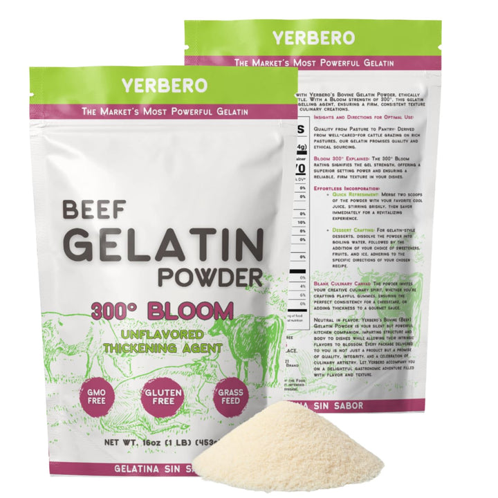 Yerbero - Premium Unflavored 300° Bloom Beef Gelatin Powder (Multiple Sizes) | Thickening Agent | Grenetina en Polvo Sin Sabor | Swiftly Solidifies, Stabilizes, and Enhances for Culinary & Baking Endeavors.