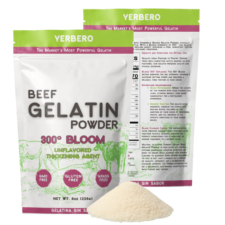 Yerbero - Premium Unflavored 300° Bloom Beef Gelatin Powder (Multiple Sizes) | Thickening Agent | Grenetina en Polvo Sin Sabor | Swiftly Solidifies, Stabilizes, and Enhances for Culinary & Baking Endeavors.