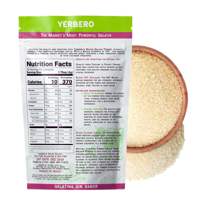 Yerbero - Premium Unflavored 300° Bloom Beef Gelatin Powder (Multiple Sizes) | Thickening Agent | Grenetina en Polvo Sin Sabor | Swiftly Solidifies, Stabilizes, and Enhances for Culinary & Baking Endeavors.