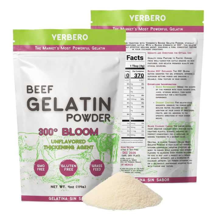 Yerbero - Premium Unflavored 300° Bloom Beef Gelatin Powder (Multiple Sizes) | Thickening Agent | Grenetina en Polvo Sin Sabor | Swiftly Solidifies, Stabilizes, and Enhances for Culinary & Baking Endeavors.