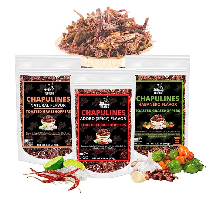 Yerbero - The Oaxacan Chapulin Bundle | 3 Bags (Habanero, Adobo, Natural) Fresh Chapulines 3.5oz (100gr) Each Bag |